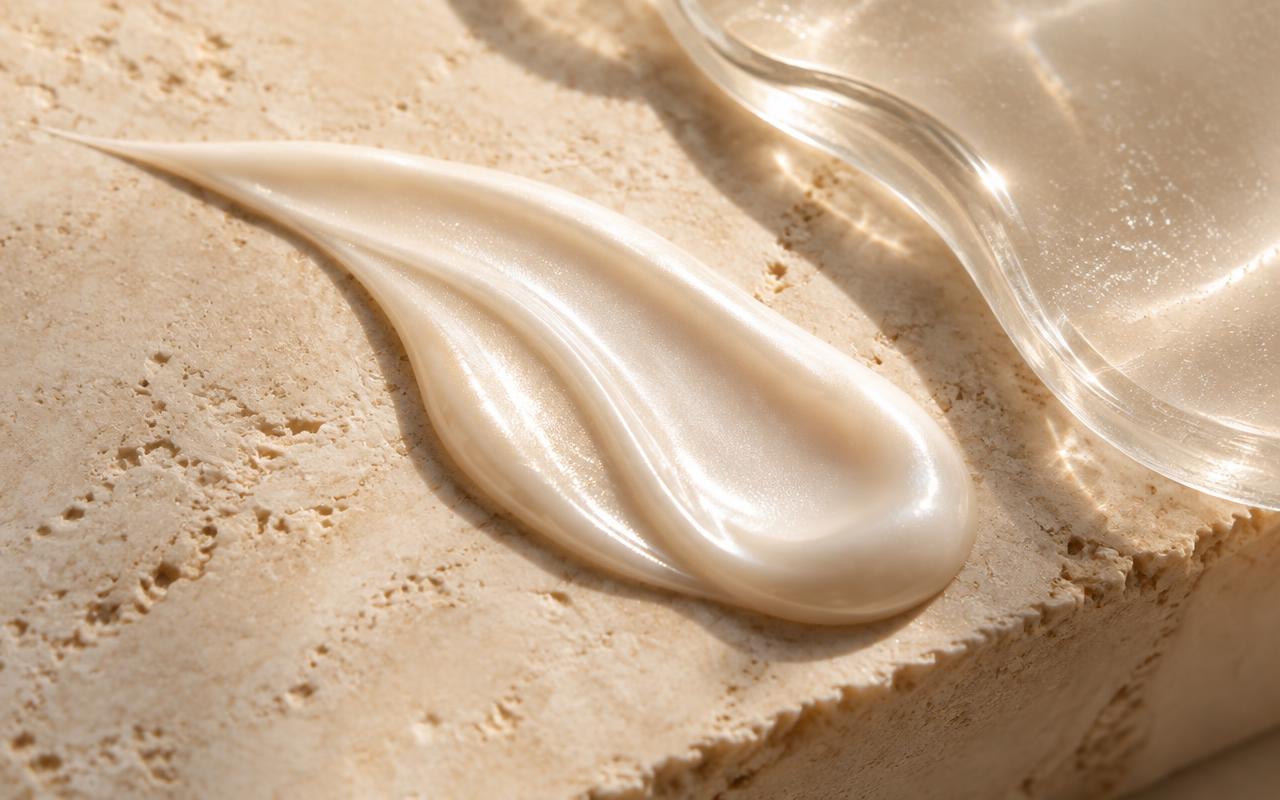 Luminous skincare lotion texture on warm stone